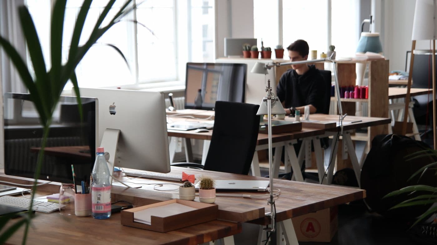 Sunlit open office with wood desks and commercial carpet