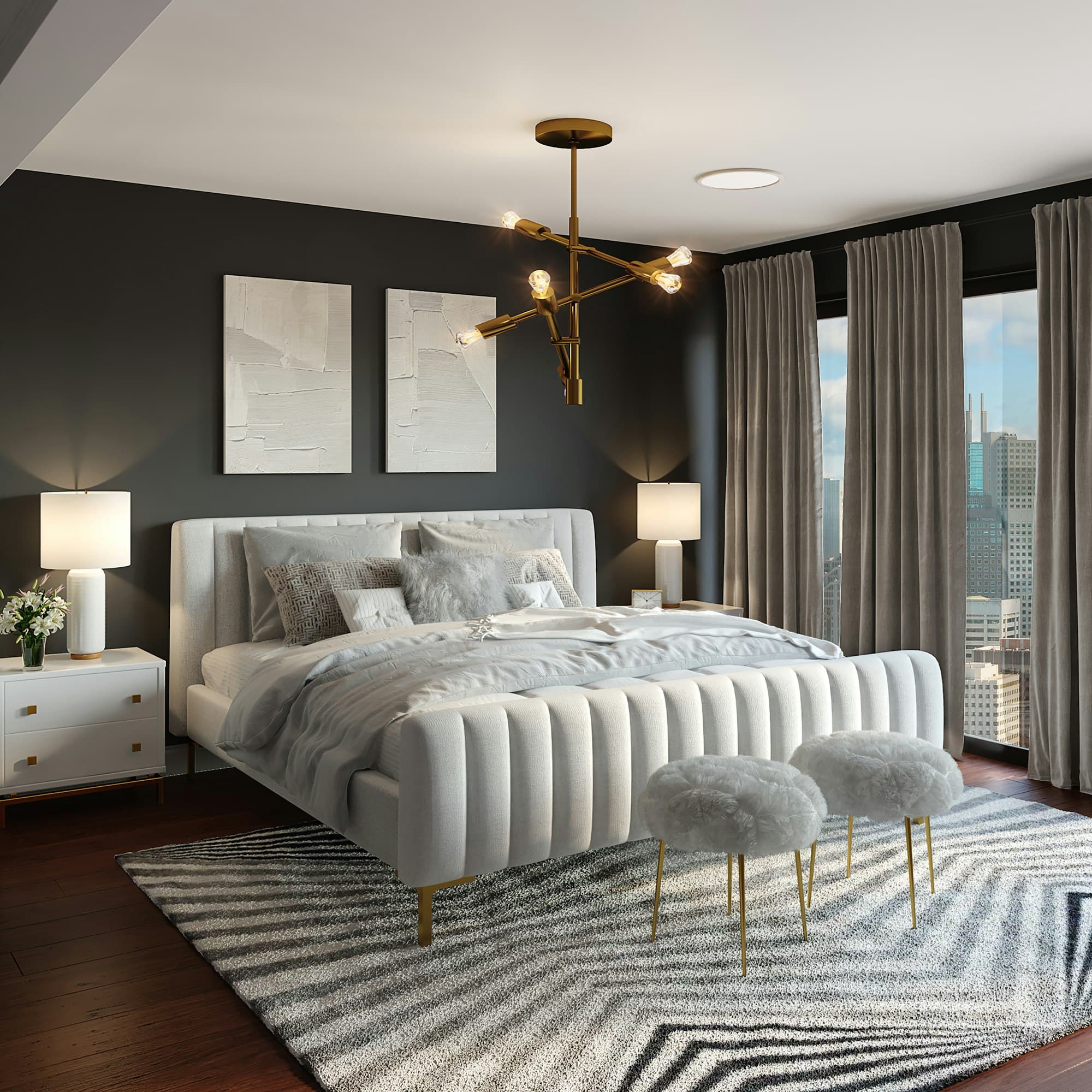 Bedroom with white bedding and a wood headboard