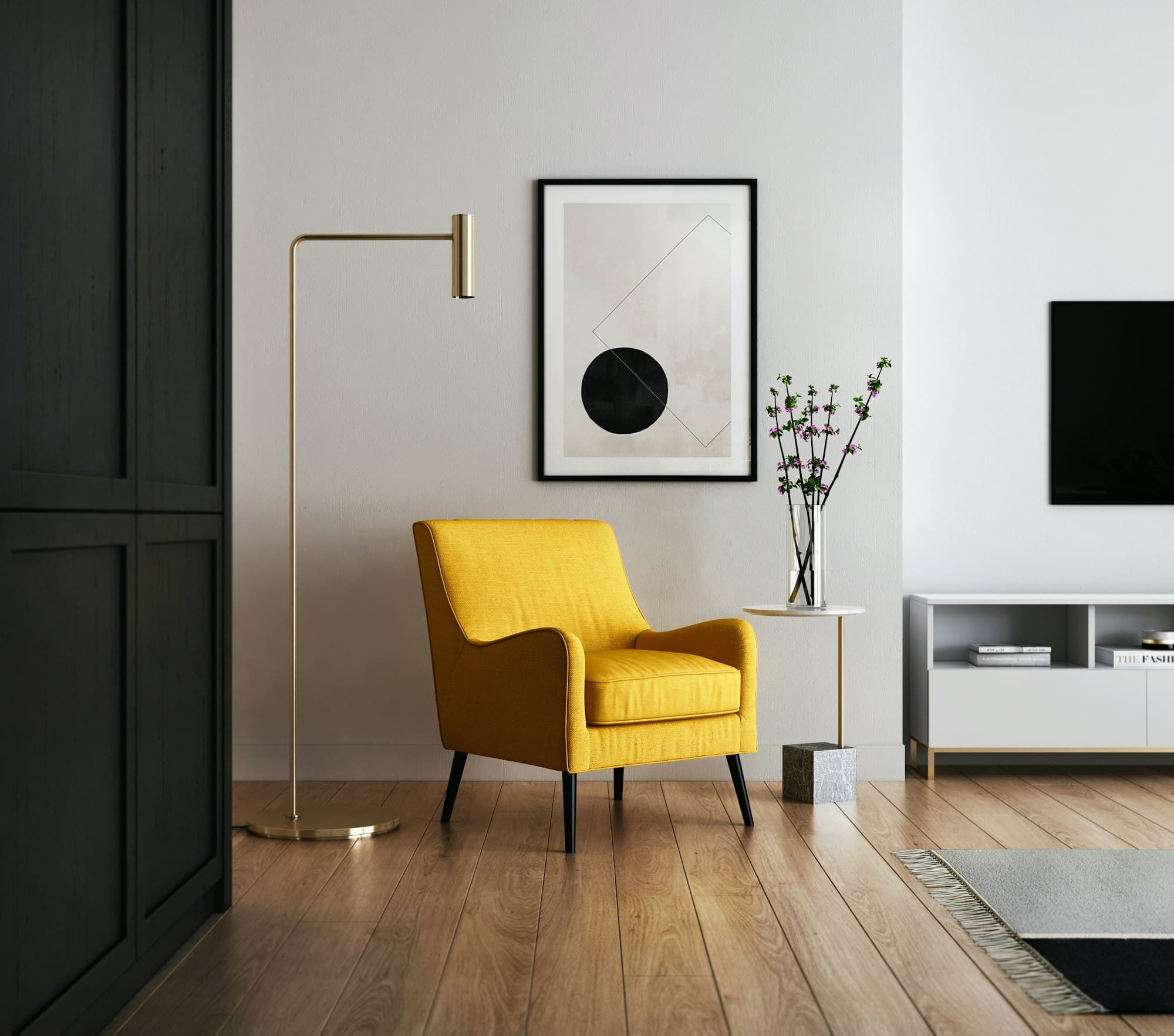 Close crop of a living-room rug and wood floor