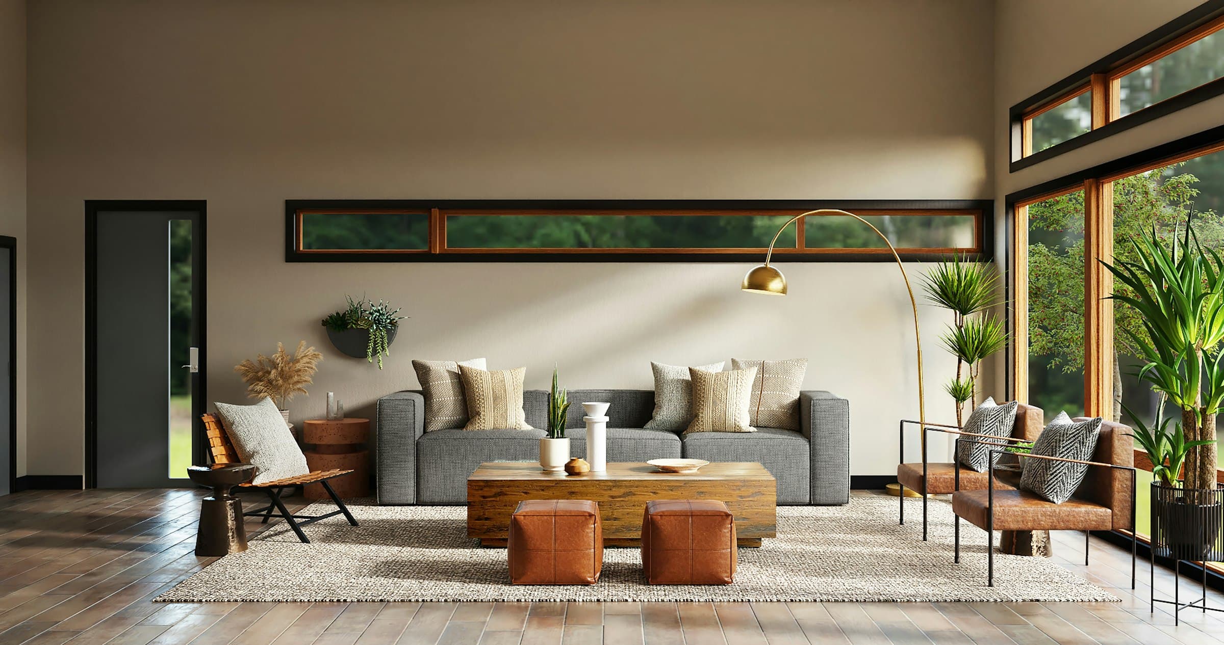 Living room with a linen sofa and daylight from tall windows